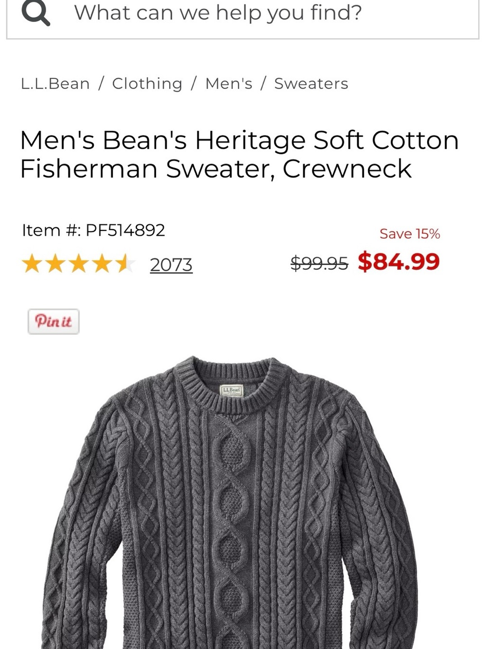 L.L. Bean Men's Cable-Knit Crewneck Sweater — Charcoal Gray